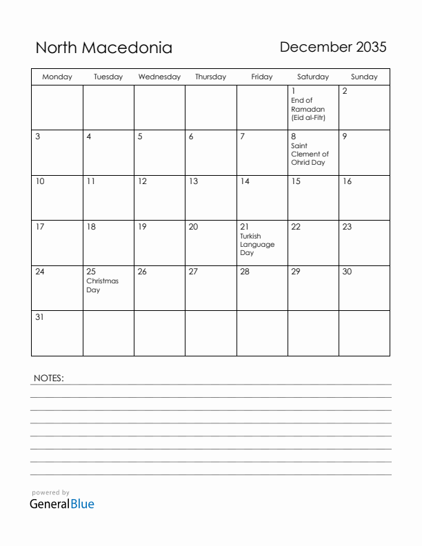December 2035 North Macedonia Calendar with Holidays (Monday Start)