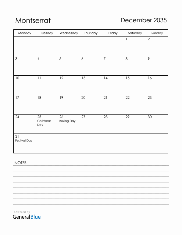 December 2035 Montserrat Calendar with Holidays (Monday Start)