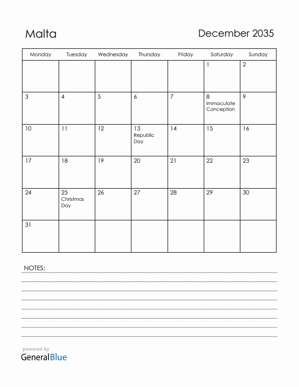 December 2035 Malta Calendar with Holidays (Monday Start)