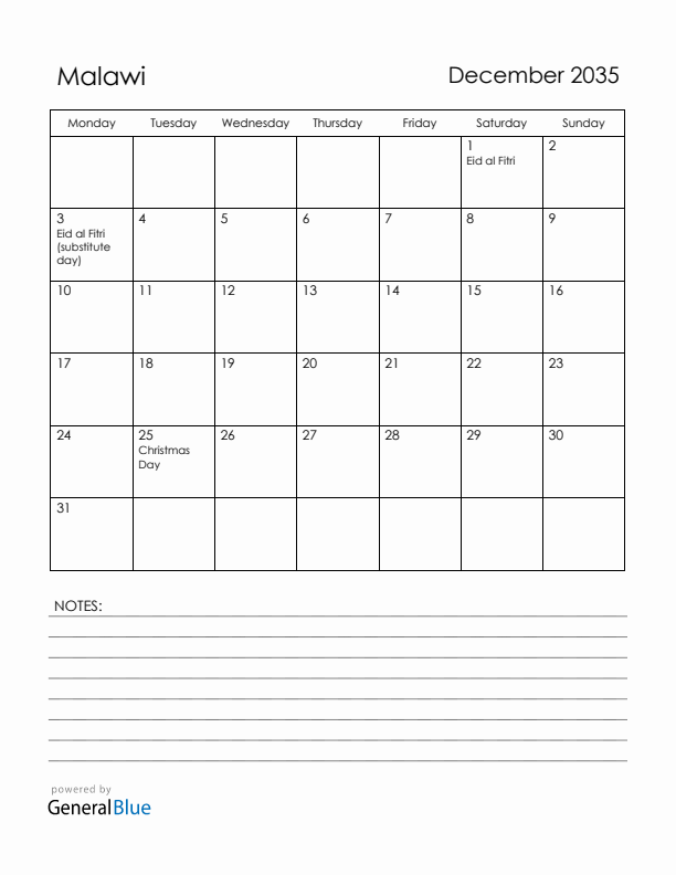 December 2035 Malawi Calendar with Holidays (Monday Start)