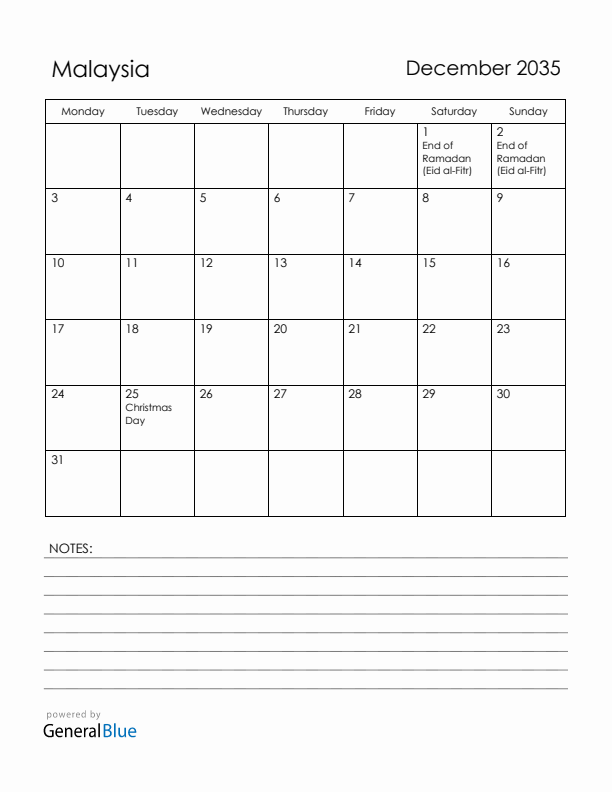 December 2035 Malaysia Calendar with Holidays (Monday Start)