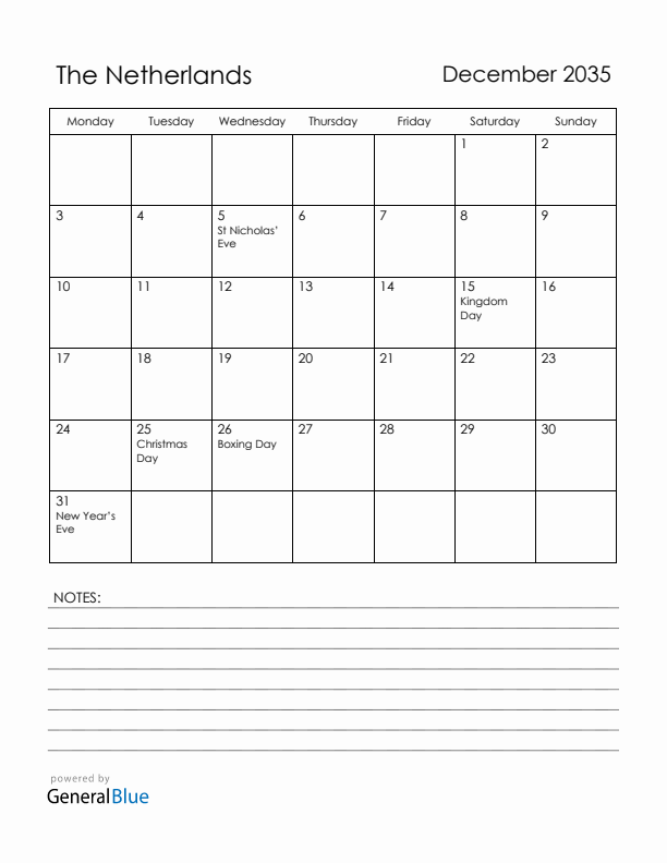 December 2035 The Netherlands Calendar with Holidays (Monday Start)