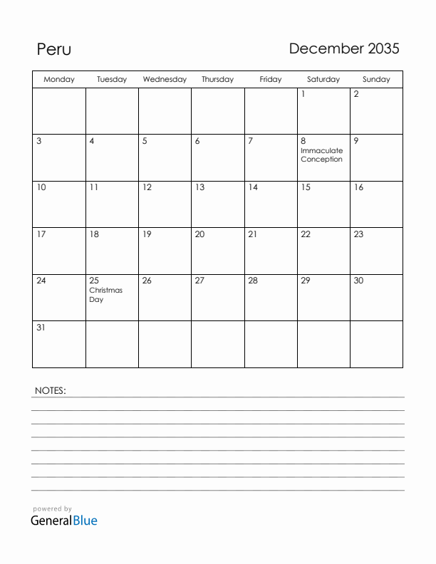 December 2035 Peru Calendar with Holidays (Monday Start)