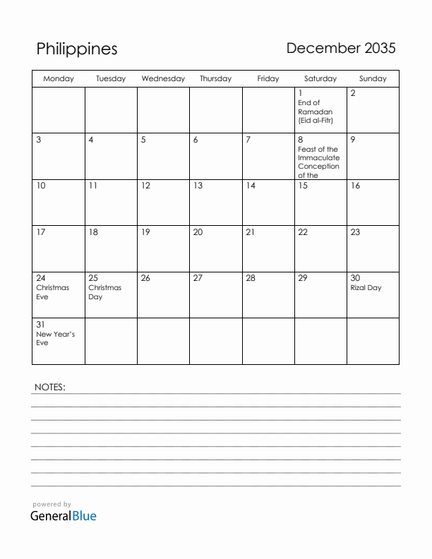 December 2035 Philippines Calendar with Holidays (Monday Start)