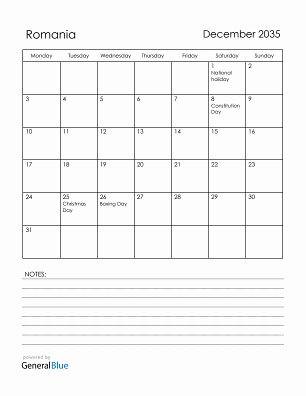 December 2035 Romania Calendar with Holidays (Monday Start)