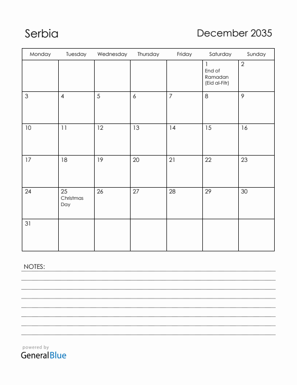 December 2035 Serbia Calendar with Holidays (Monday Start)