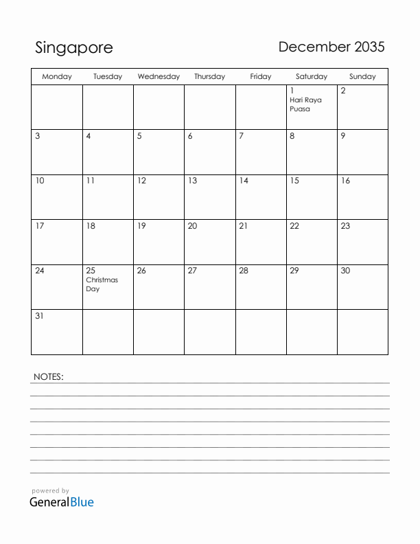 December 2035 Singapore Calendar with Holidays (Monday Start)