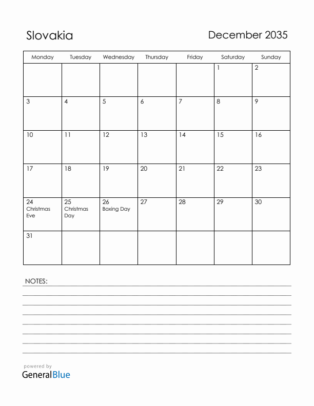 December 2035 Slovakia Calendar with Holidays (Monday Start)