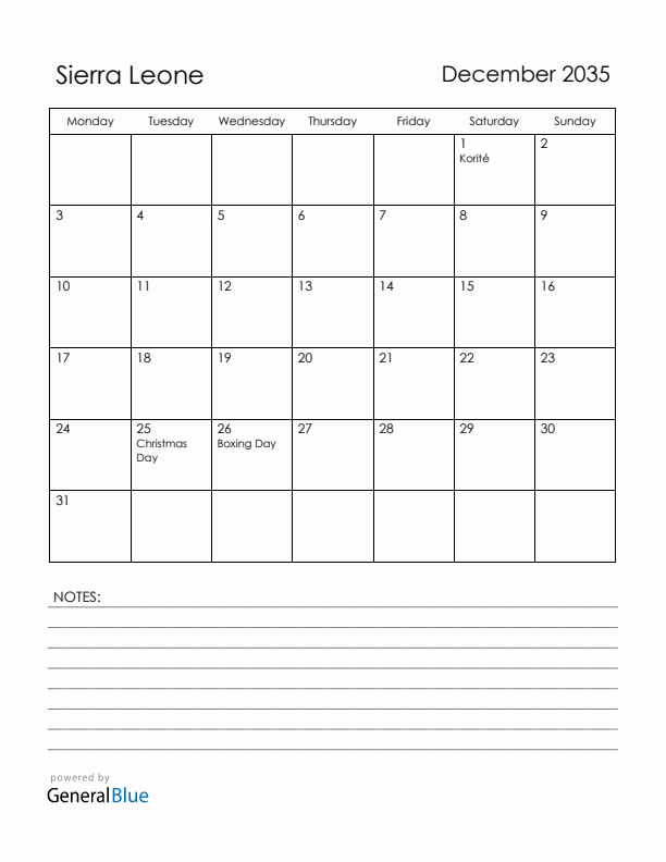 December 2035 Sierra Leone Calendar with Holidays (Monday Start)