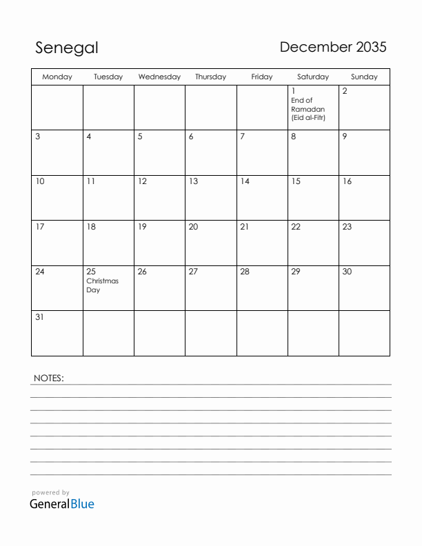 December 2035 Senegal Calendar with Holidays (Monday Start)