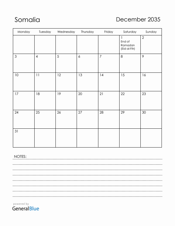 December 2035 Somalia Calendar with Holidays (Monday Start)