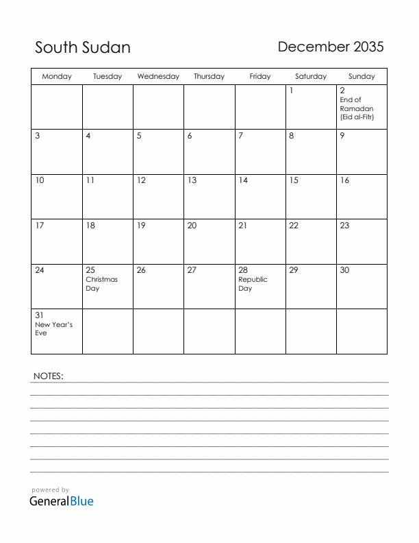 December 2035 South Sudan Calendar with Holidays (Monday Start)
