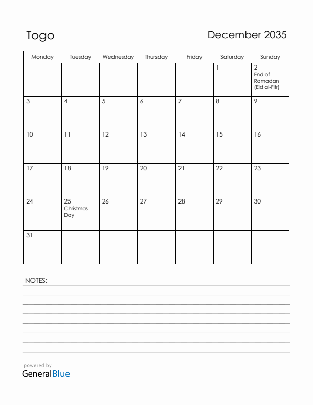 December 2035 Togo Calendar with Holidays (Monday Start)