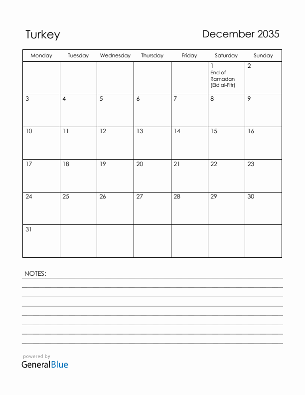 December 2035 Turkey Calendar with Holidays (Monday Start)