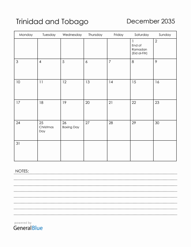 December 2035 Trinidad and Tobago Calendar with Holidays (Monday Start)