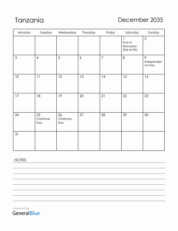 December 2035 Tanzania Calendar with Holidays (Monday Start)
