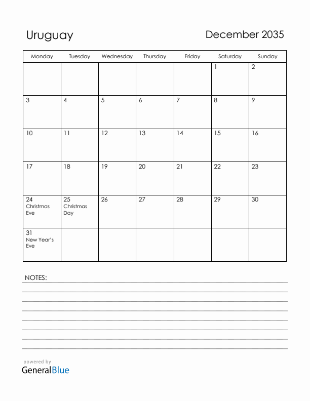 December 2035 Uruguay Calendar with Holidays (Monday Start)