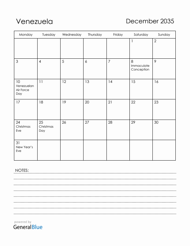 December 2035 Venezuela Calendar with Holidays (Monday Start)