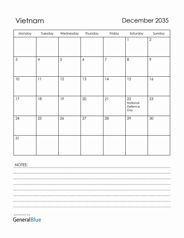 December 2035 Vietnam Calendar with Holidays (Monday Start)