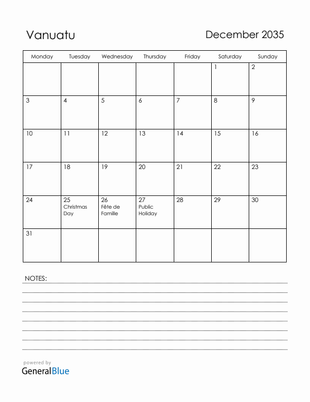 December 2035 Vanuatu Calendar with Holidays (Monday Start)