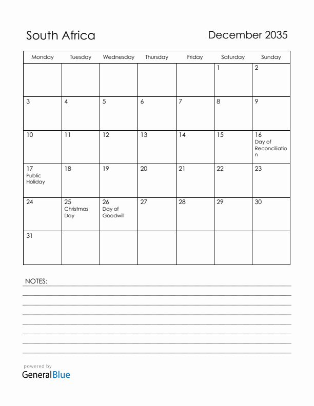 December 2035 South Africa Calendar with Holidays (Monday Start)