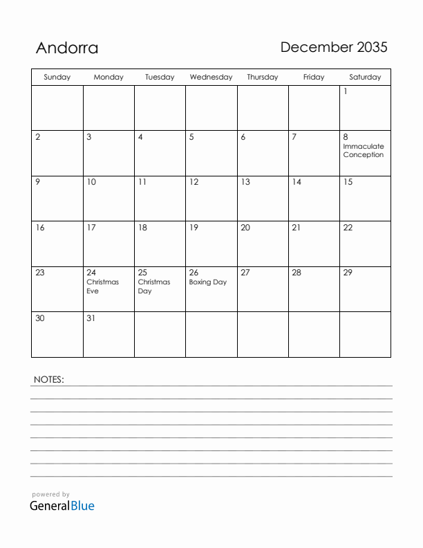 December 2035 Andorra Calendar with Holidays (Sunday Start)