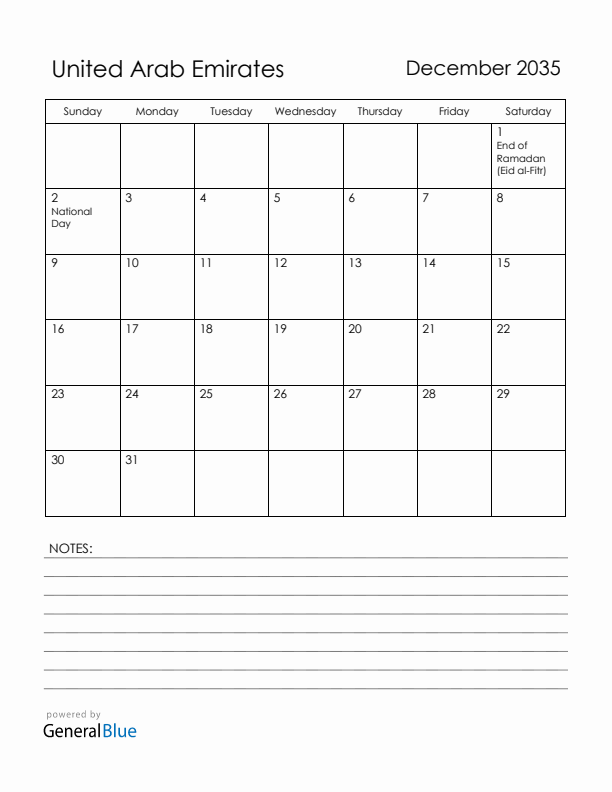 December 2035 United Arab Emirates Calendar with Holidays (Sunday Start)