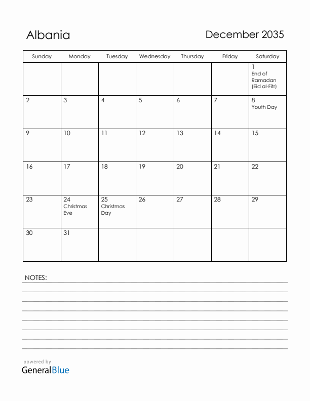 December 2035 Albania Calendar with Holidays (Sunday Start)