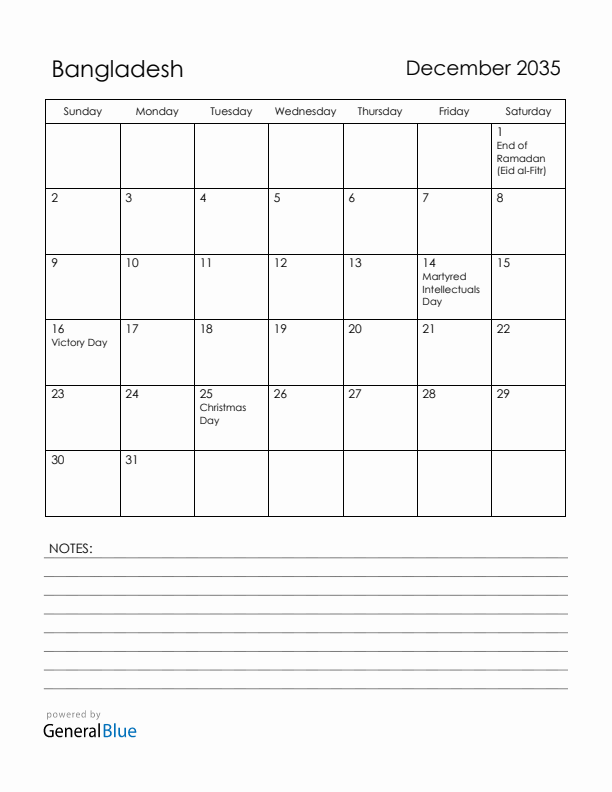 December 2035 Bangladesh Calendar with Holidays (Sunday Start)