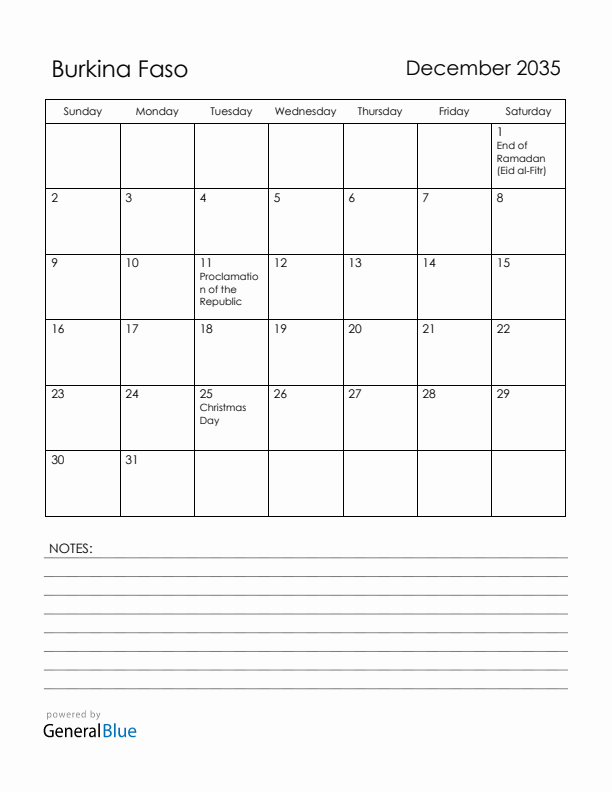 December 2035 Burkina Faso Calendar with Holidays (Sunday Start)