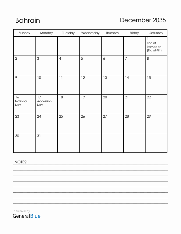 December 2035 Bahrain Calendar with Holidays (Sunday Start)