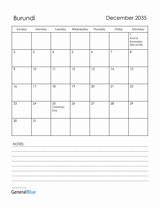 December 2035 Burundi Calendar with Holidays (Sunday Start)
