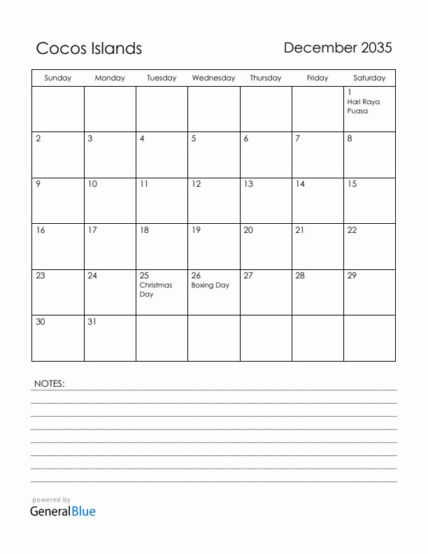 December 2035 Cocos Islands Calendar with Holidays (Sunday Start)