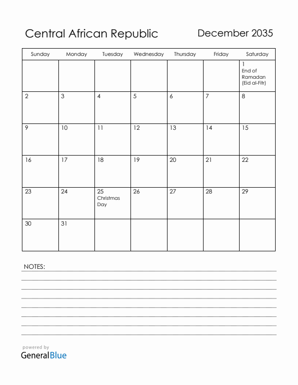 December 2035 Central African Republic Calendar with Holidays (Sunday Start)