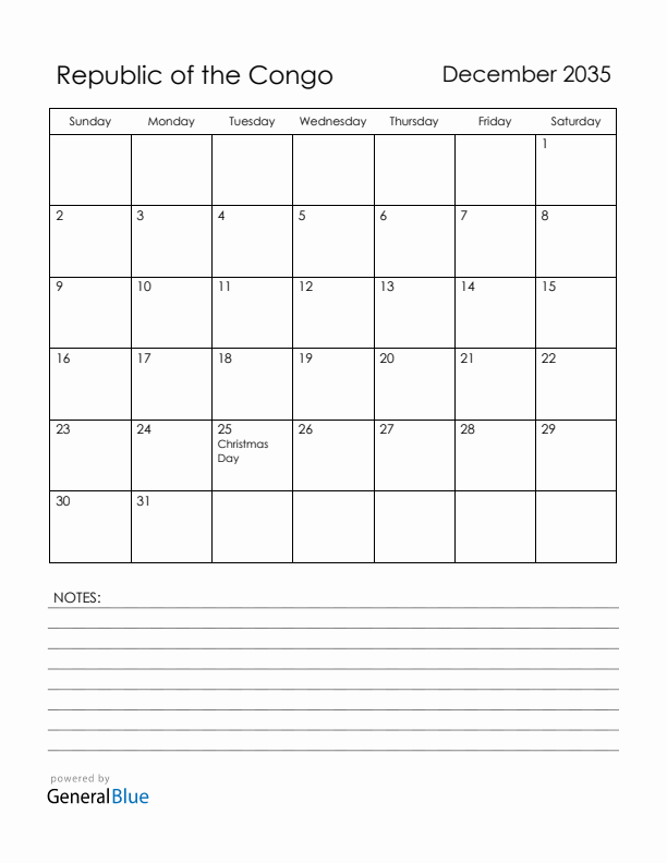 December 2035 Republic of the Congo Calendar with Holidays (Sunday Start)