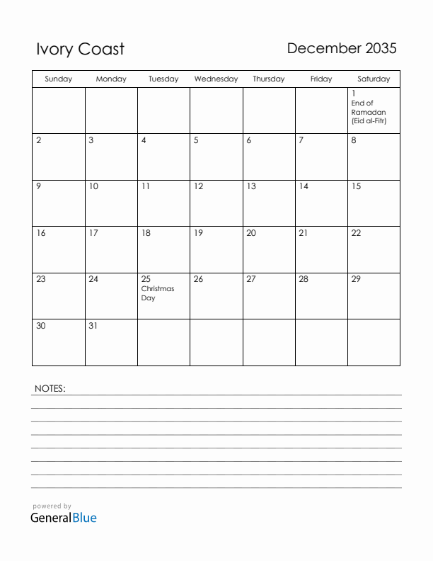 December 2035 Ivory Coast Calendar with Holidays (Sunday Start)