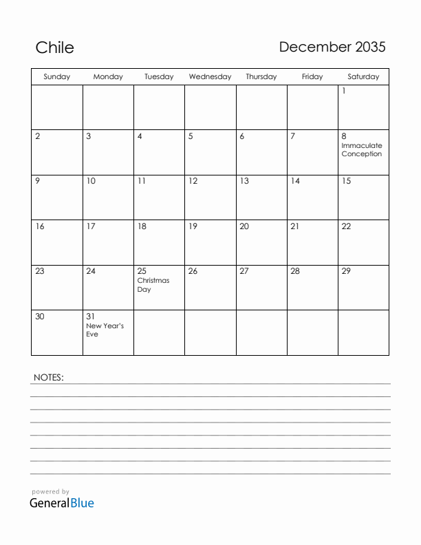 December 2035 Chile Calendar with Holidays (Sunday Start)