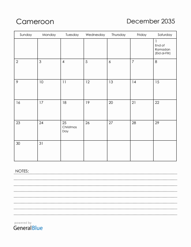 December 2035 Cameroon Calendar with Holidays (Sunday Start)