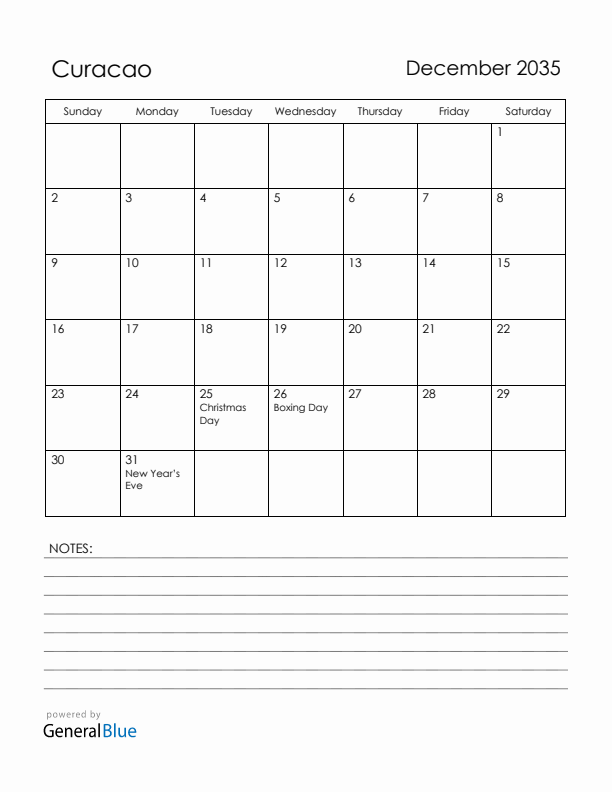 December 2035 Curacao Calendar with Holidays (Sunday Start)