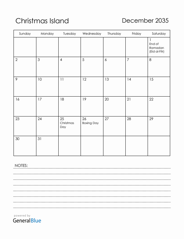December 2035 Christmas Island Calendar with Holidays (Sunday Start)