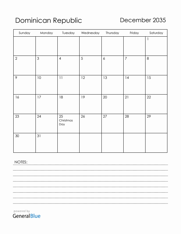 December 2035 Dominican Republic Calendar with Holidays (Sunday Start)