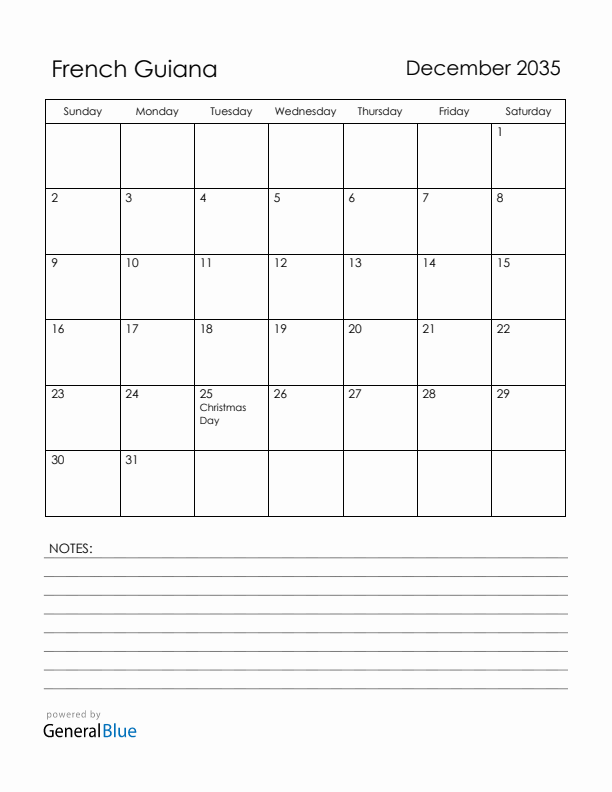 December 2035 French Guiana Calendar with Holidays (Sunday Start)