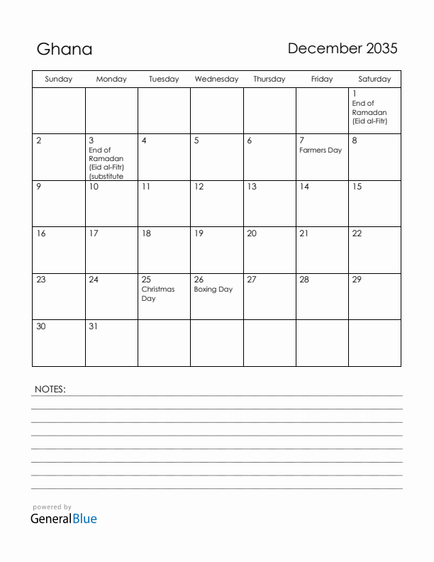 December 2035 Ghana Calendar with Holidays (Sunday Start)