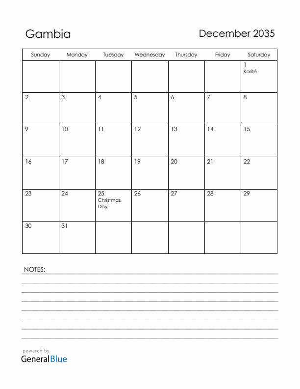 December 2035 Gambia Calendar with Holidays (Sunday Start)