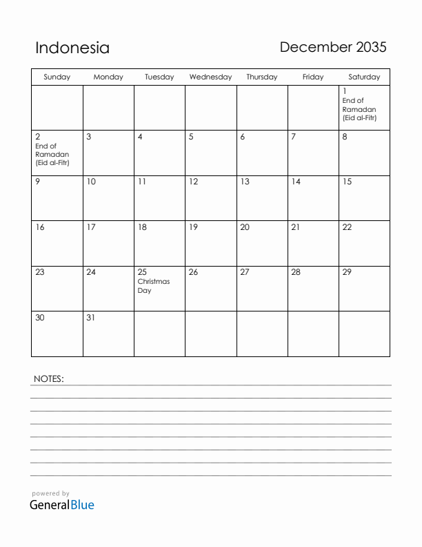 December 2035 Indonesia Calendar with Holidays (Sunday Start)