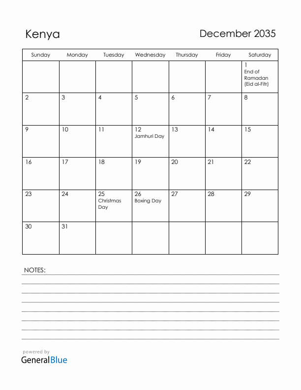 December 2035 Kenya Calendar with Holidays (Sunday Start)