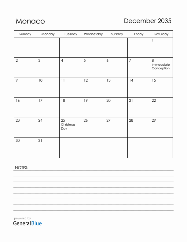 December 2035 Monaco Calendar with Holidays (Sunday Start)