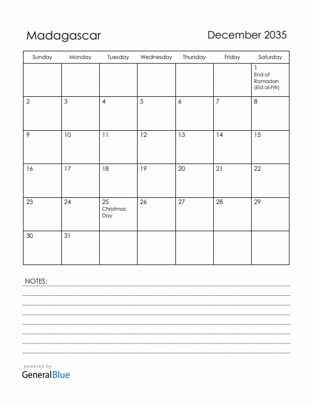 December 2035 Madagascar Calendar with Holidays (Sunday Start)