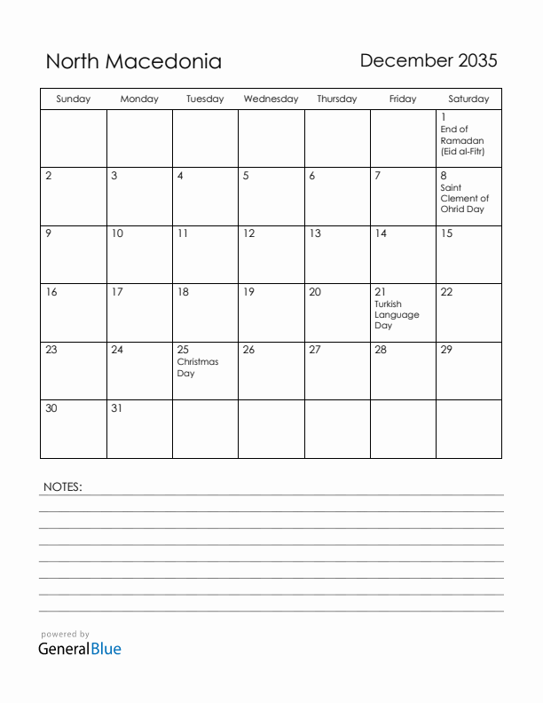 December 2035 North Macedonia Calendar with Holidays (Sunday Start)