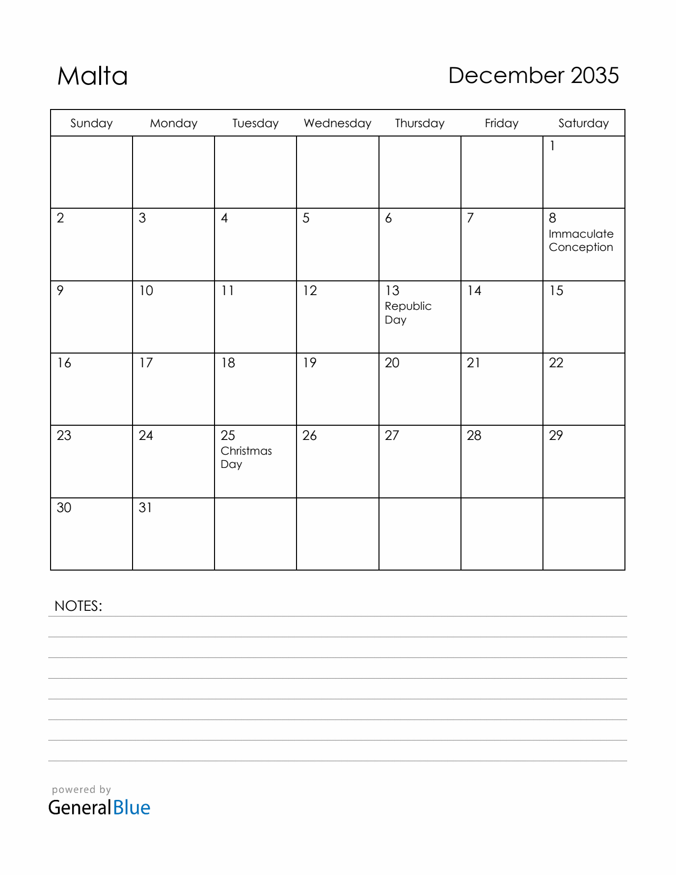 December 2035 Malta Calendar with Holidays (Sunday Start)